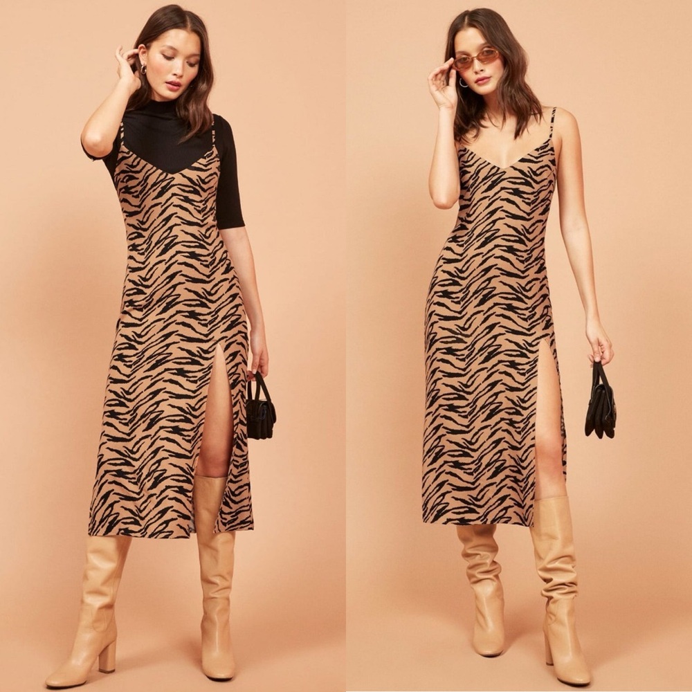 Reformation Tan and Black Zebra-Print Slip Midi Dress